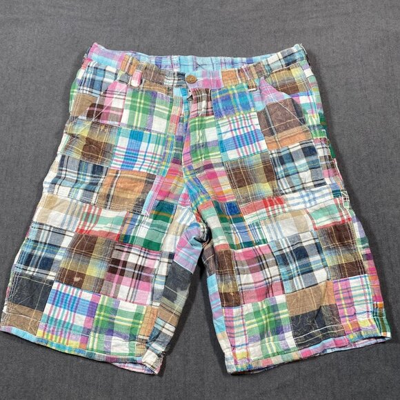 Mens Patchwork Plaid Reversible Shorts Size 32 Multicolor Casual Summer Wear - Picture 1 of 9